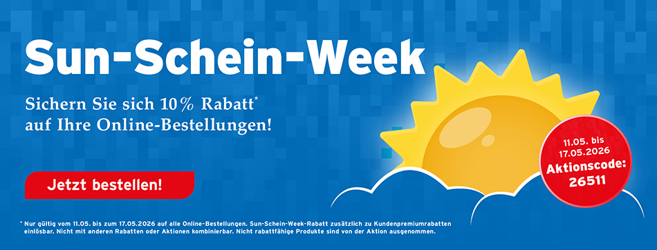 Sun Schein Week, 10 % Rabatt auf alle Online-Bestellungen, Aktion vom 11.05. bis 17.05.2026. Aktionscode: 26511